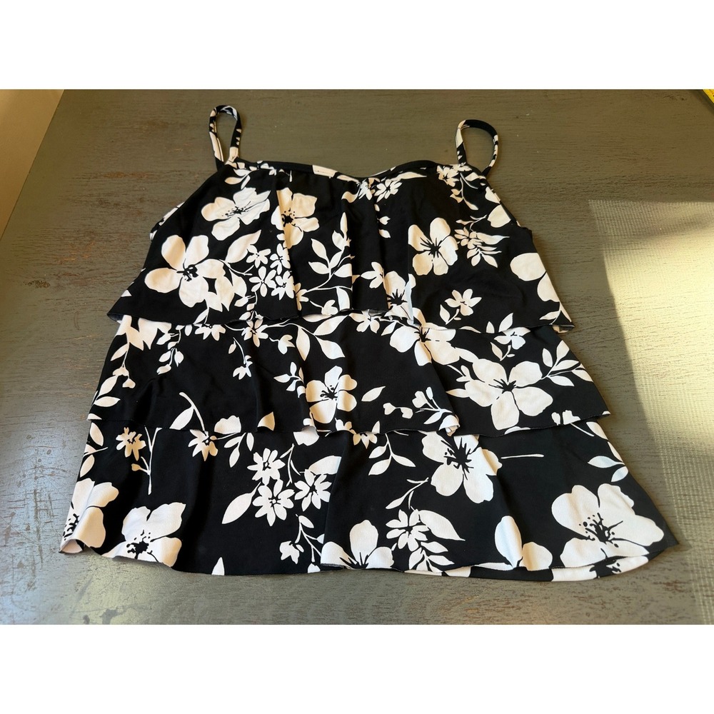 Jamaica Bay Floral Tankini Swim Top Black White Ruffle Tiered Padded Size 12